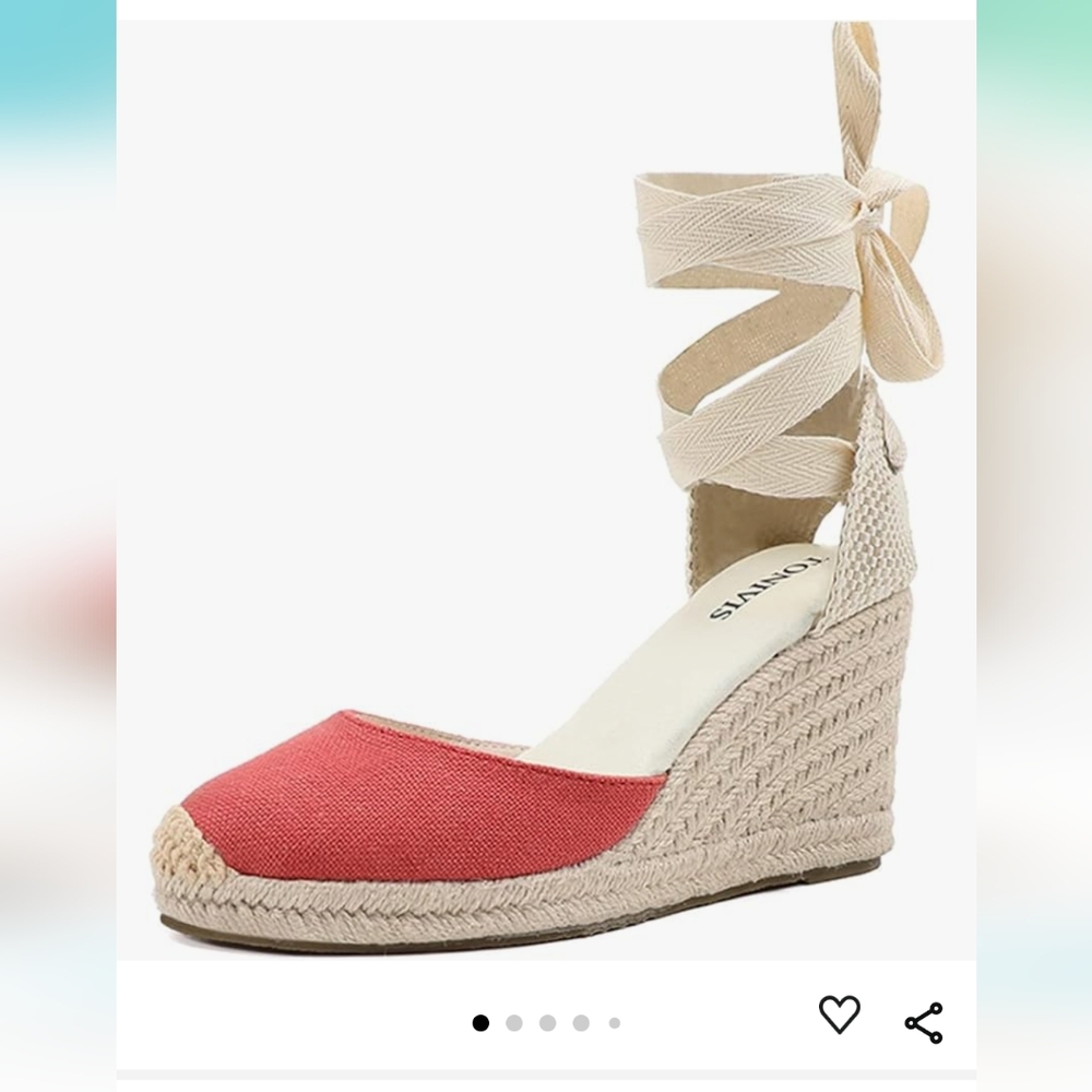 Platform Wedge Espadrilles, 2" Wedge, Soft Ankle-Tie Strap, Closed Toe Red Linen